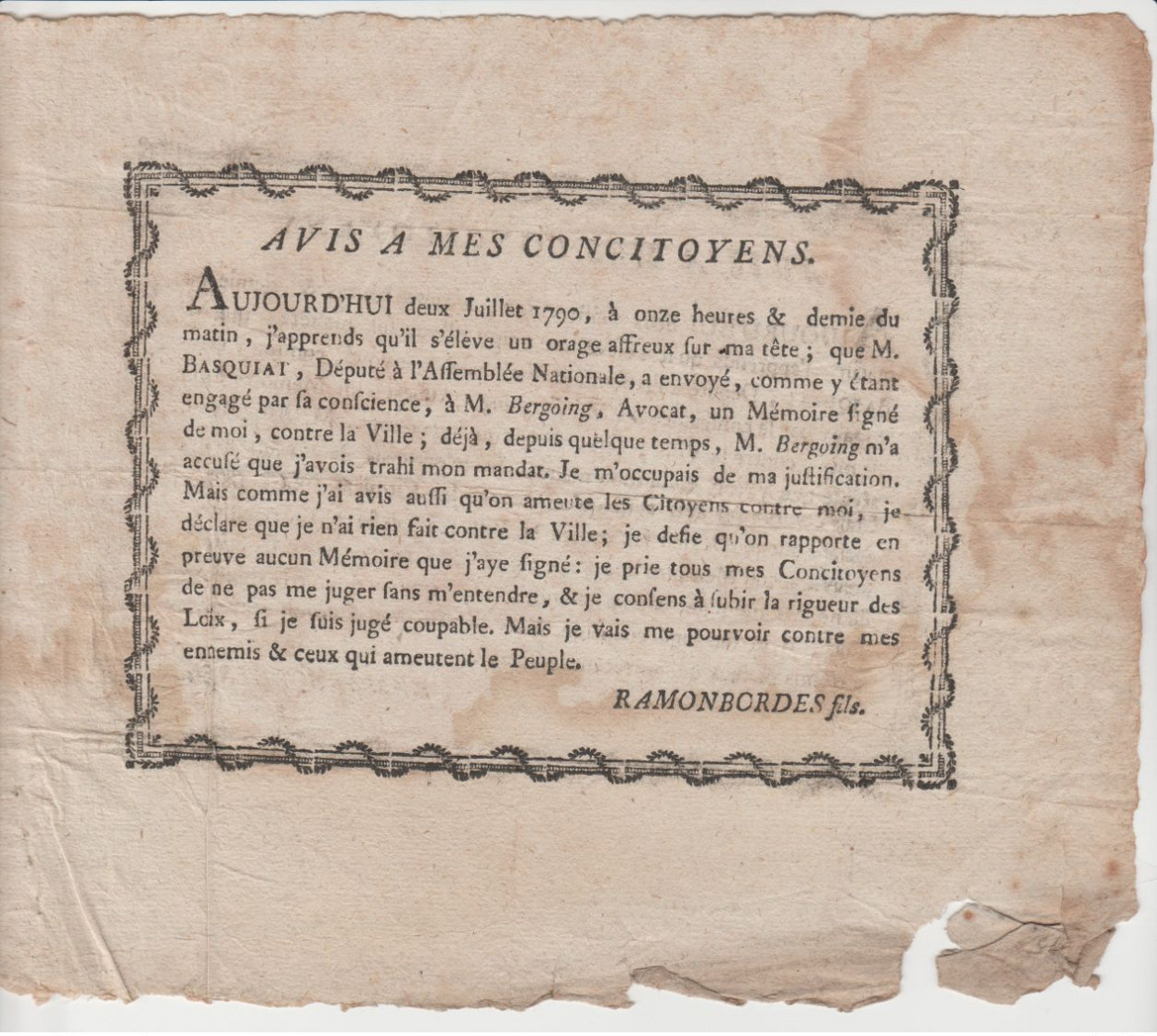 LANDES: Adresse De RAMONBORDES Fils, Avocat Aux Habitants De Dax De 1790 - Historical Documents