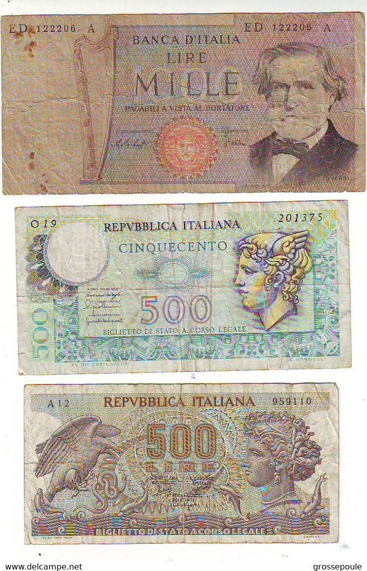 Lot De 3 Billets ITALIE - 500 LIRES  1966 Et 1976  - 1000 LIRES 1969 - - Altri & Non Classificati