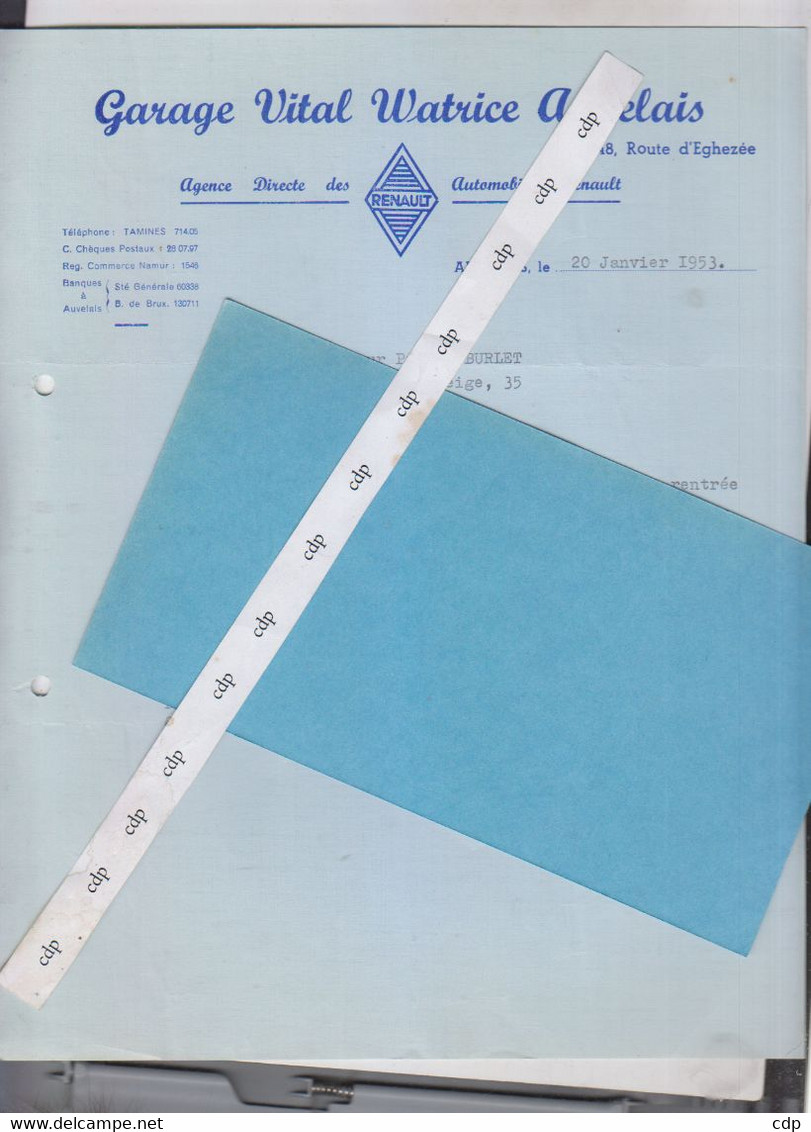 AUVELAIS Entête Garage Renault 1953 - Auto's
