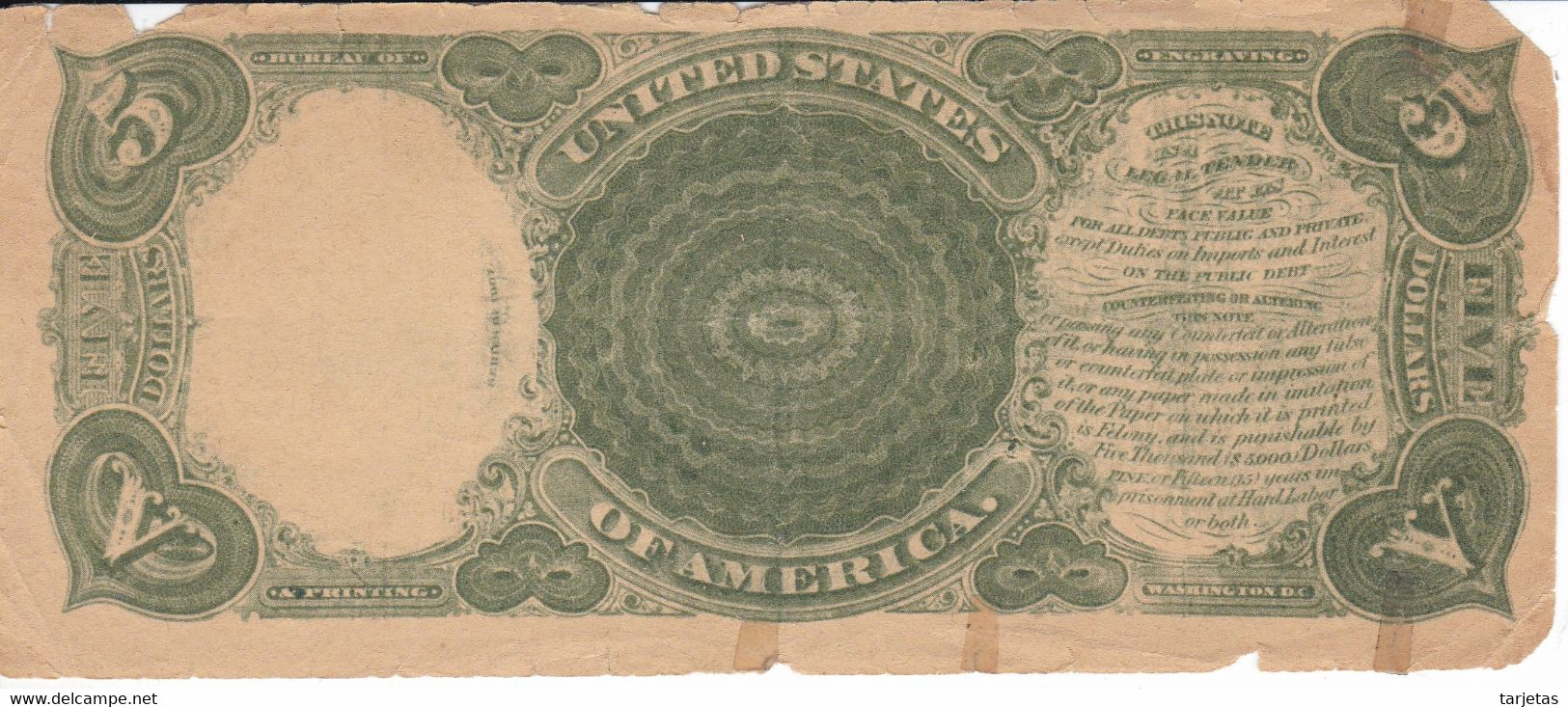 ¡¡FALSO DE EPOCA!! BILLETE DE ESTADOS UNIDOS DE 5 DÓLLARS DEL AÑO 1907 (BANKNOTE) - Billets Des États-Unis (1862-1923)