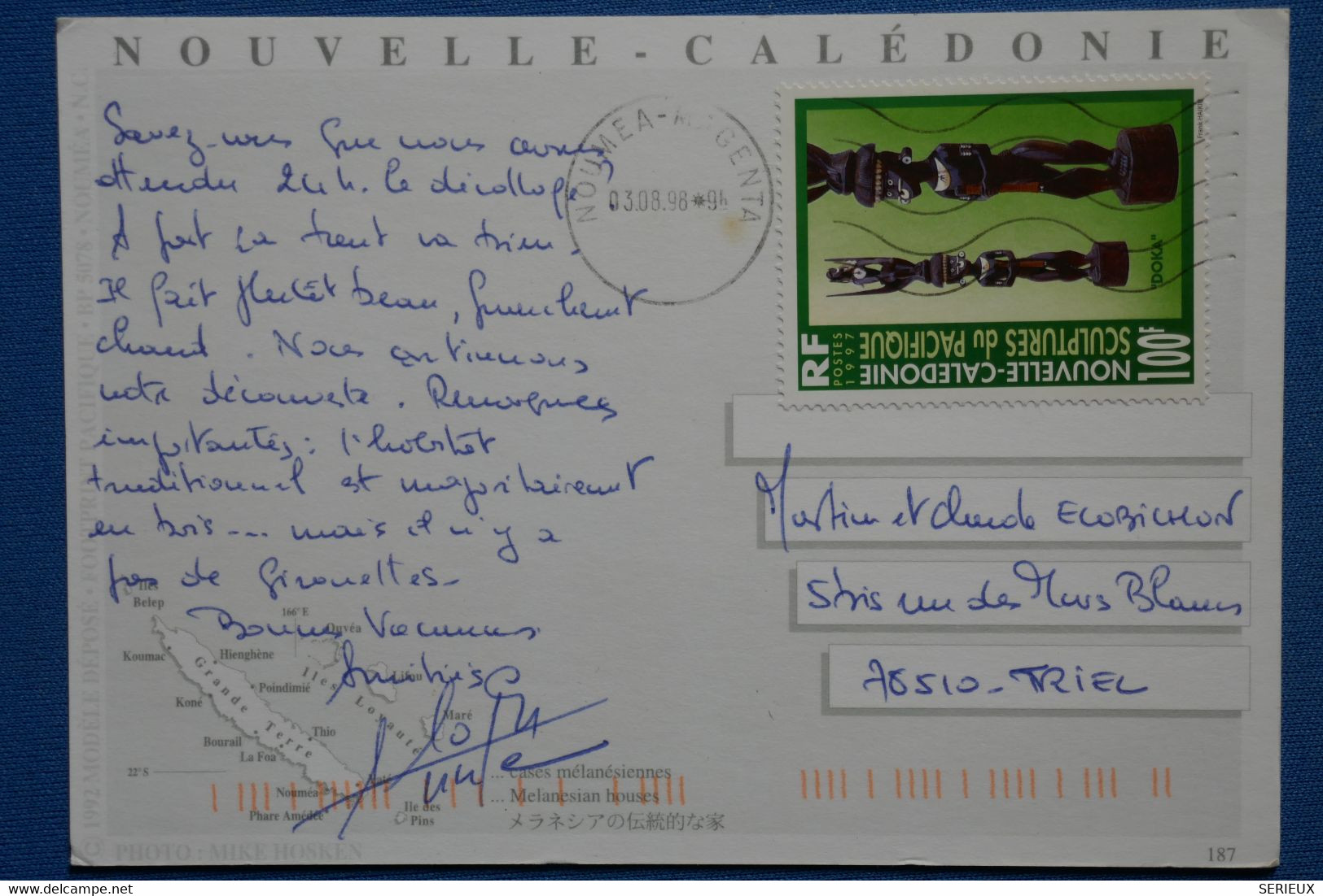 R23 NOUVELLE CALEDONIE BELLE CARTE  1998 NOUMEA POUR TRIEL FRANCE + AFFRANCH PLAISANT - Brieven En Documenten