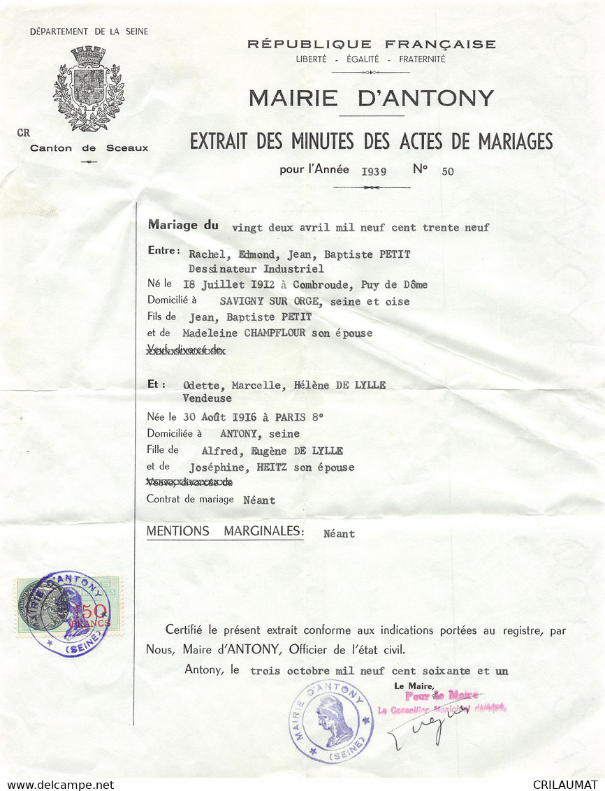 18401  1939 ACTE DE MARIAGE A ANTONY - M. PETIT A SAVIGNY SUR ORGE  B43-0431 - 1900 – 1949