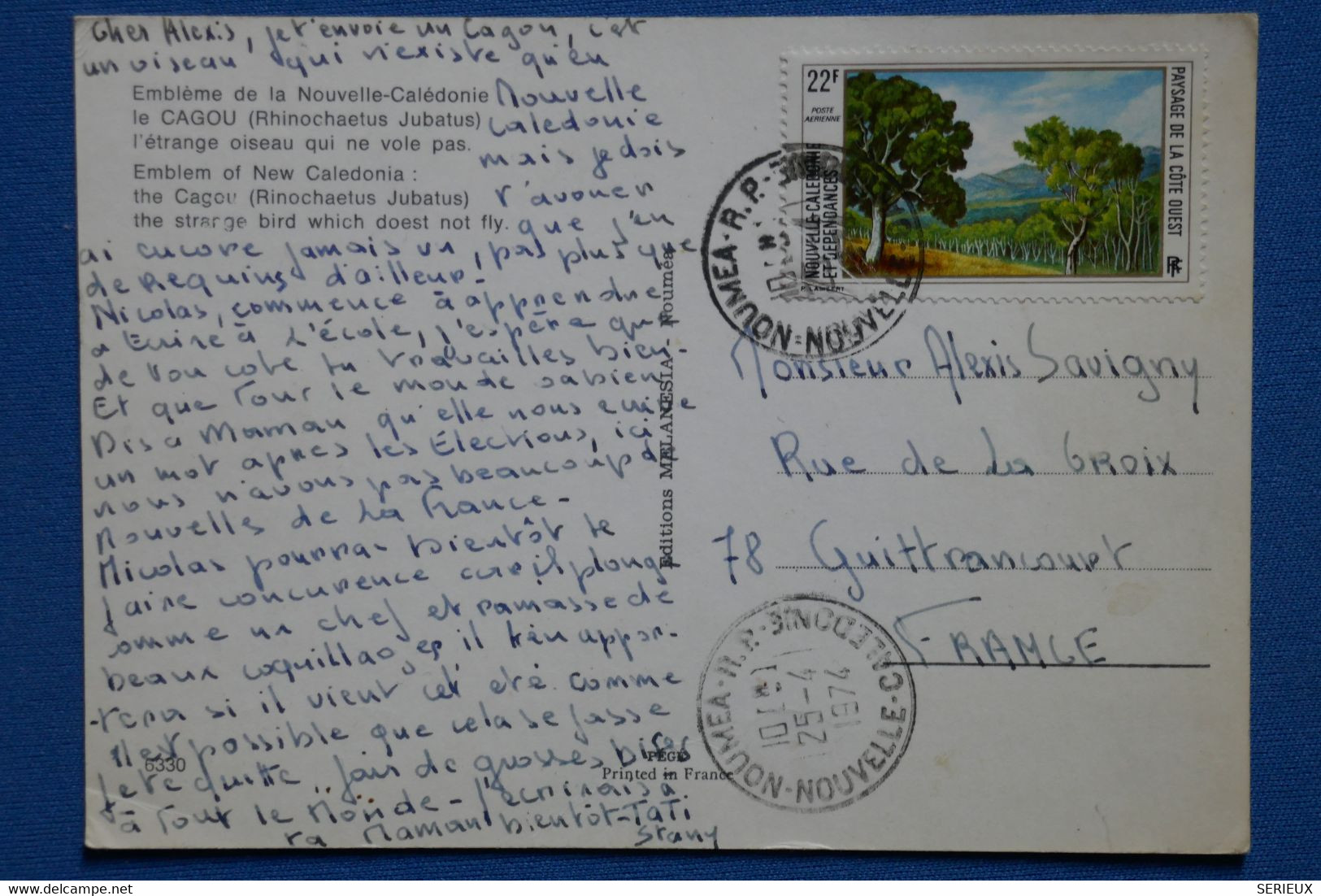 R23 NOUVELLE CALEDONIE BELLE CARTE 1974 NOUMEA POUR LA FRANCE + EMBLEME CAGOU + AFFRANCH PLAISANT - Covers & Documents