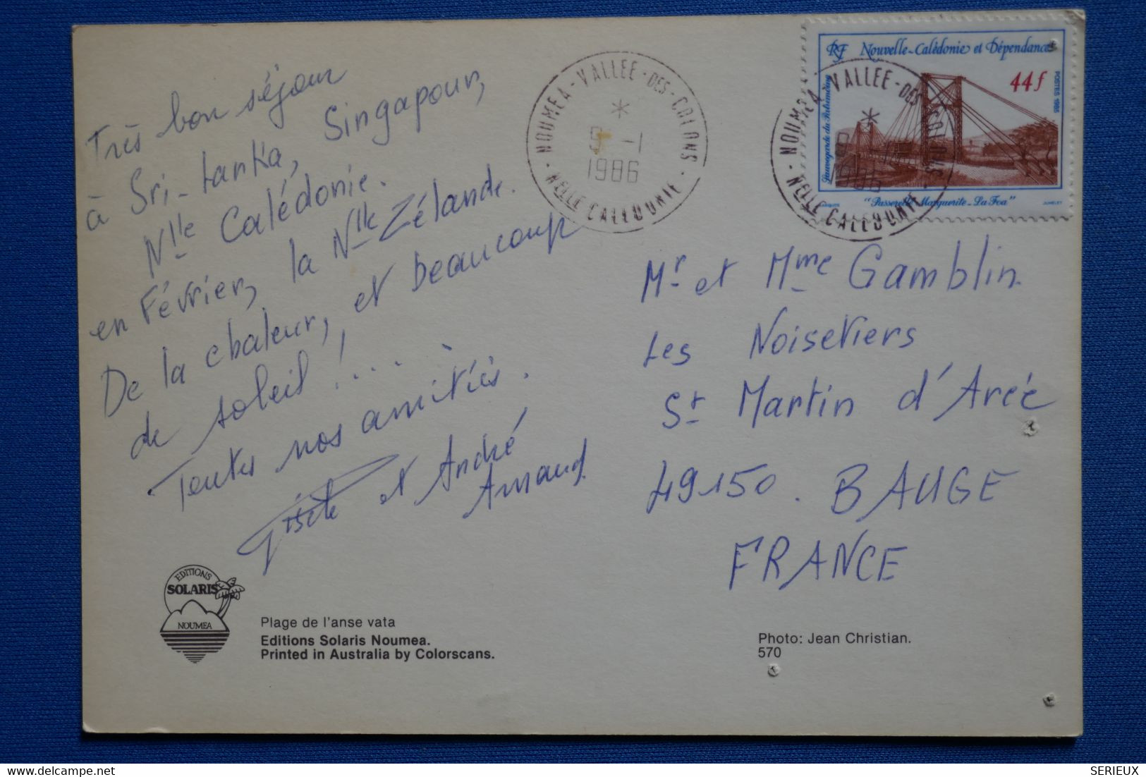 R23 NOUVELLE CALEDONIE BELLE CARTE 1986 NOUMEA POUR BAUGE FRANCE + COCOTIER+ AFFRANCH PLAISANT - Brieven En Documenten