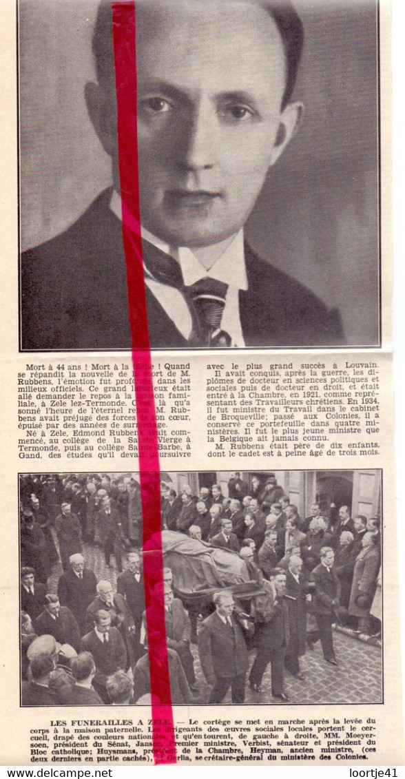 Orig. Knipsel Coupure Tijdschrift Magazine - Zele - Begrafenis Edmond Rubbens , Minister - 1938 - Sin Clasificación