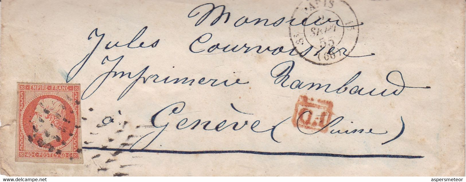 FRANCE. ENVELOPPE CIRCULEE PARIS A GENEVE, SUISSE. ANNEE 1855. ENDOMMAGÉ.- LILHU - 1853-1860 Napoléon III