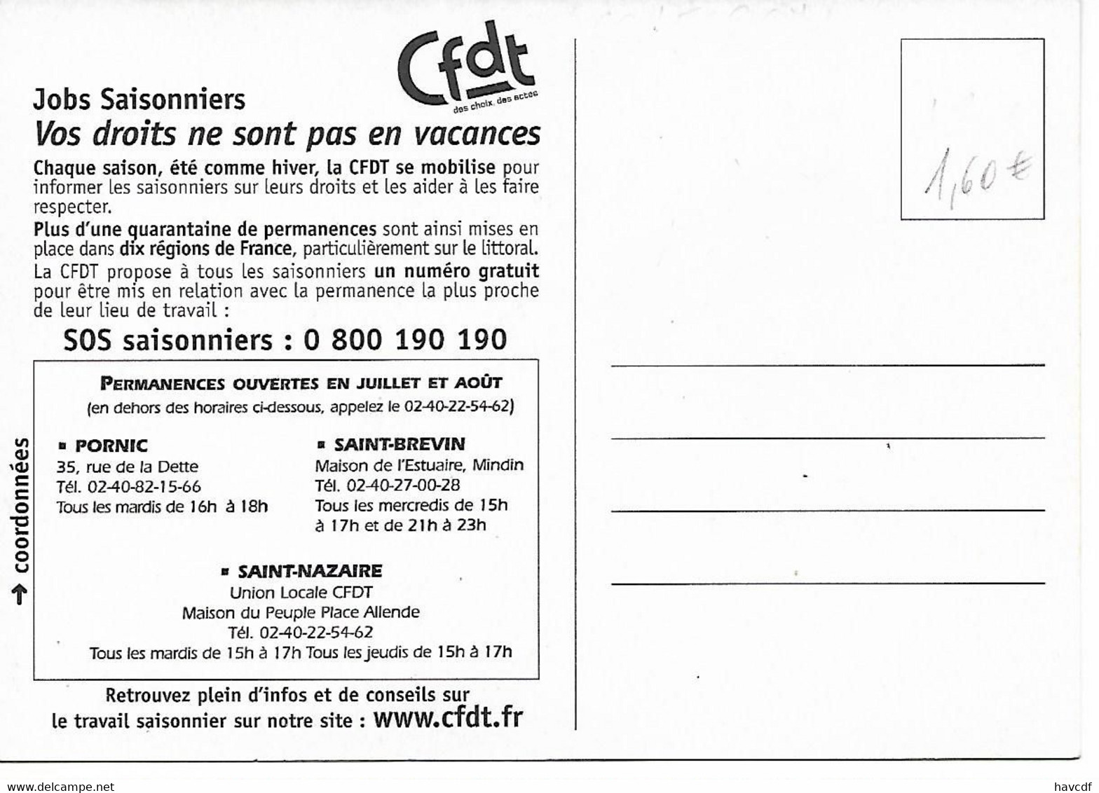 CPM - édit. CFDT - Jobs Saisonniers - Vos Droits Ne Sont Pas En Vacances - Labor Unions
