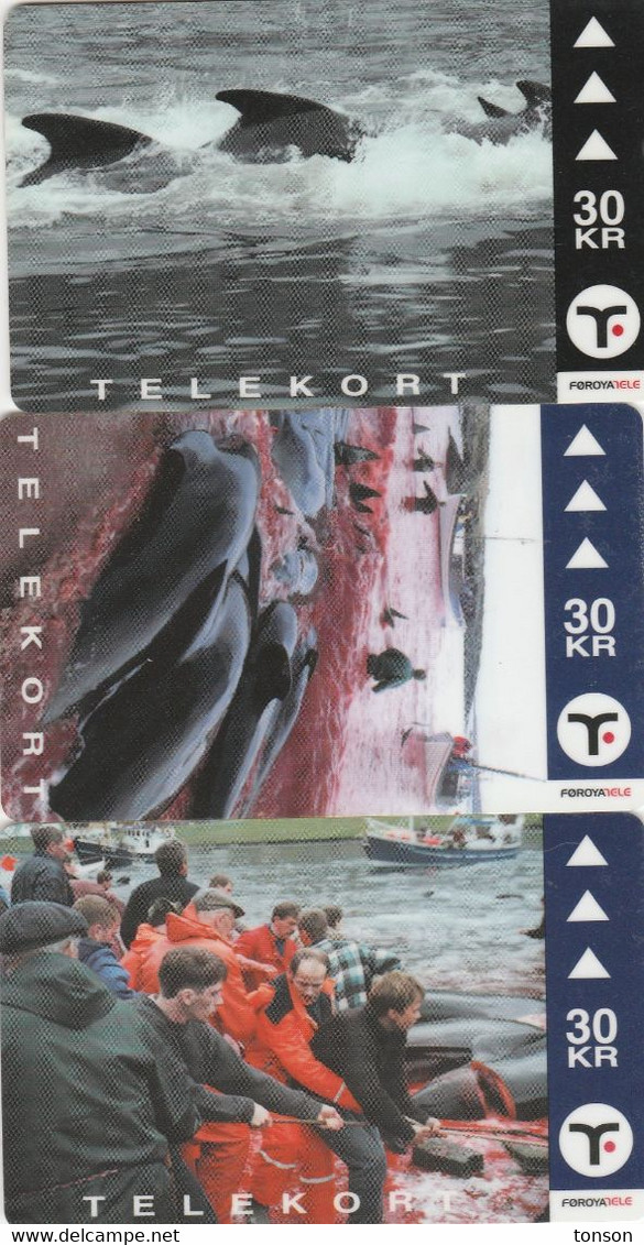 Faroe Islands, OD-030 - 32, Set Of 3 Cards, Pilot Whales, 2 Scans. - Faroe Islands