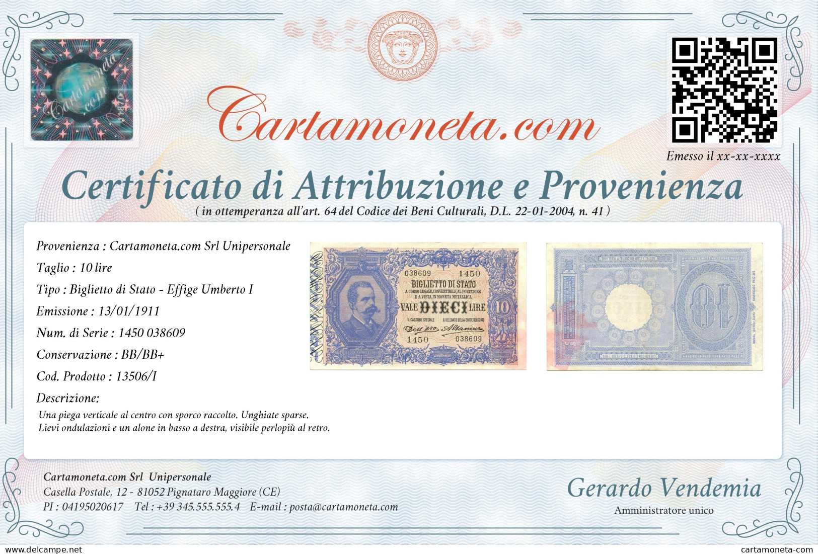 10 LIRE BIGLIETTO DI STATO EFFIGE UMBERTO I 13/01/1911 BB/BB+ - Regno D'Italia – Autres