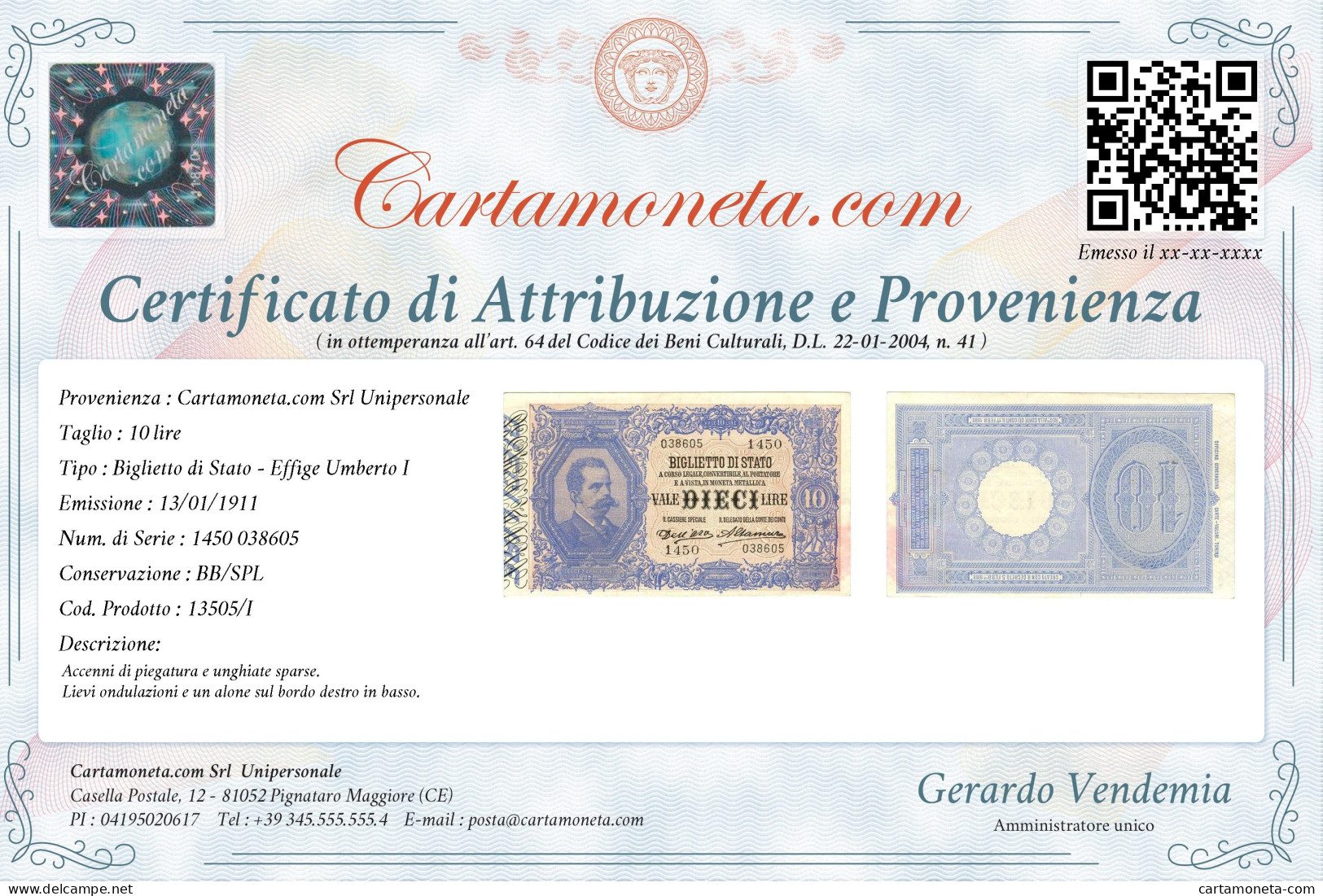 10 LIRE BIGLIETTO DI STATO EFFIGE UMBERTO I 13/01/1911 BB/SPL - Regno D'Italia – Autres