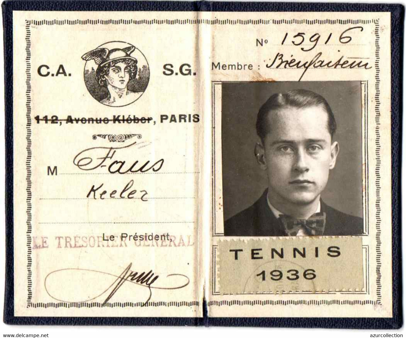 CARTE BIENFAITEUR DU C.A.S.G TENNIS . 1936 - Altri & Non Classificati