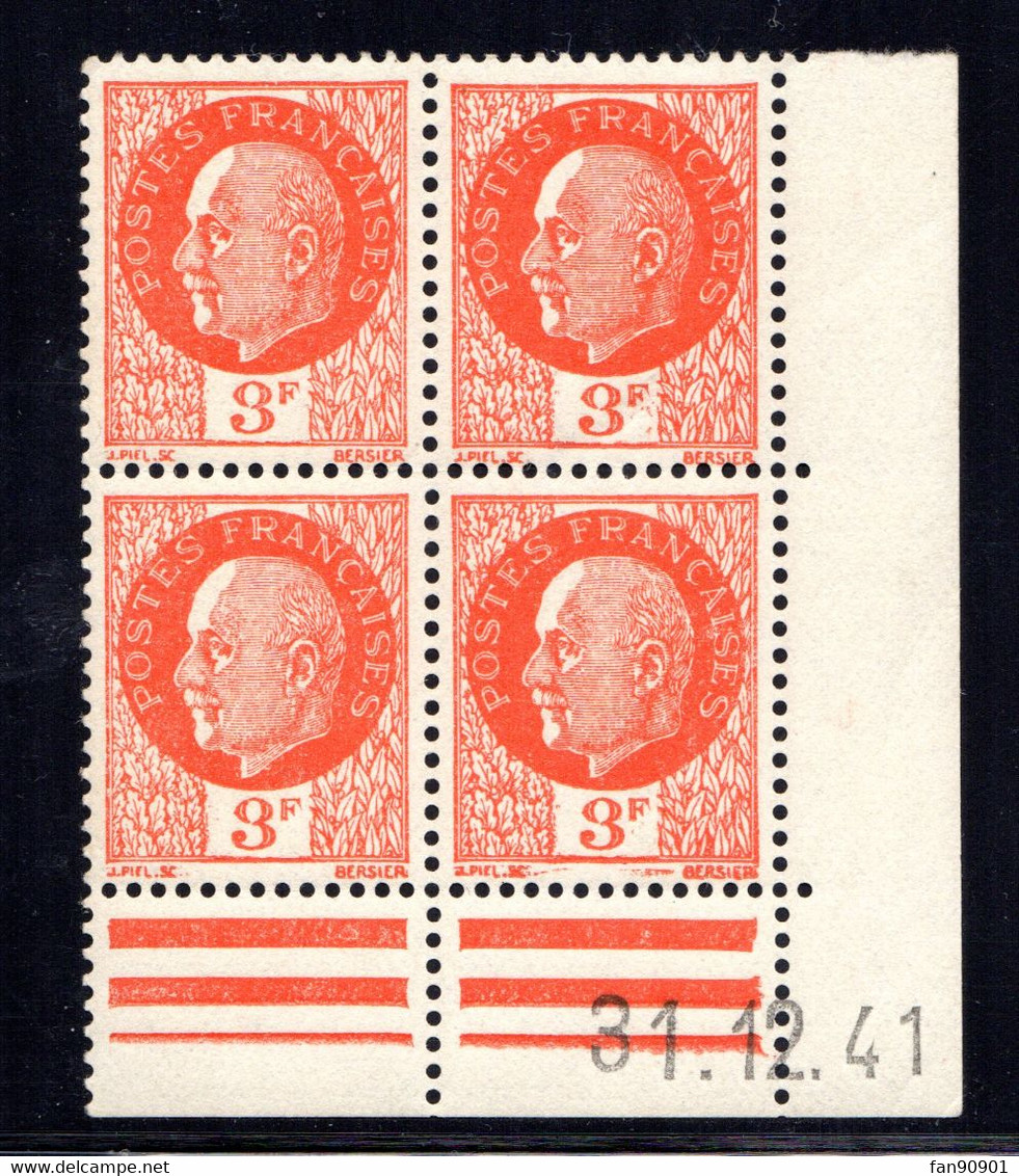 YT-N°: 521 - PÉTAIN (type Bersier), Coin Daté Du 31.12.1941, Galvano A' De A+A', 3e Tirage 2e Partie, NSC/**/MNH - 1940-1949