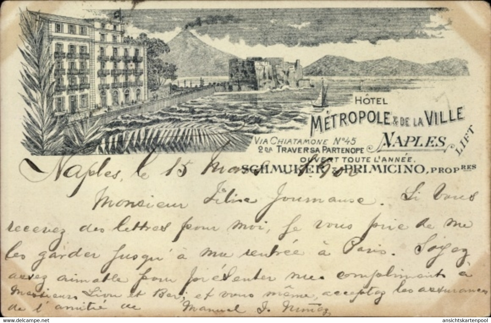 Lithographie Napoli Neapel Campania, Hotel Metropole & De La Ville, Propr. Schmuker & Primicino - Andere & Zonder Classificatie