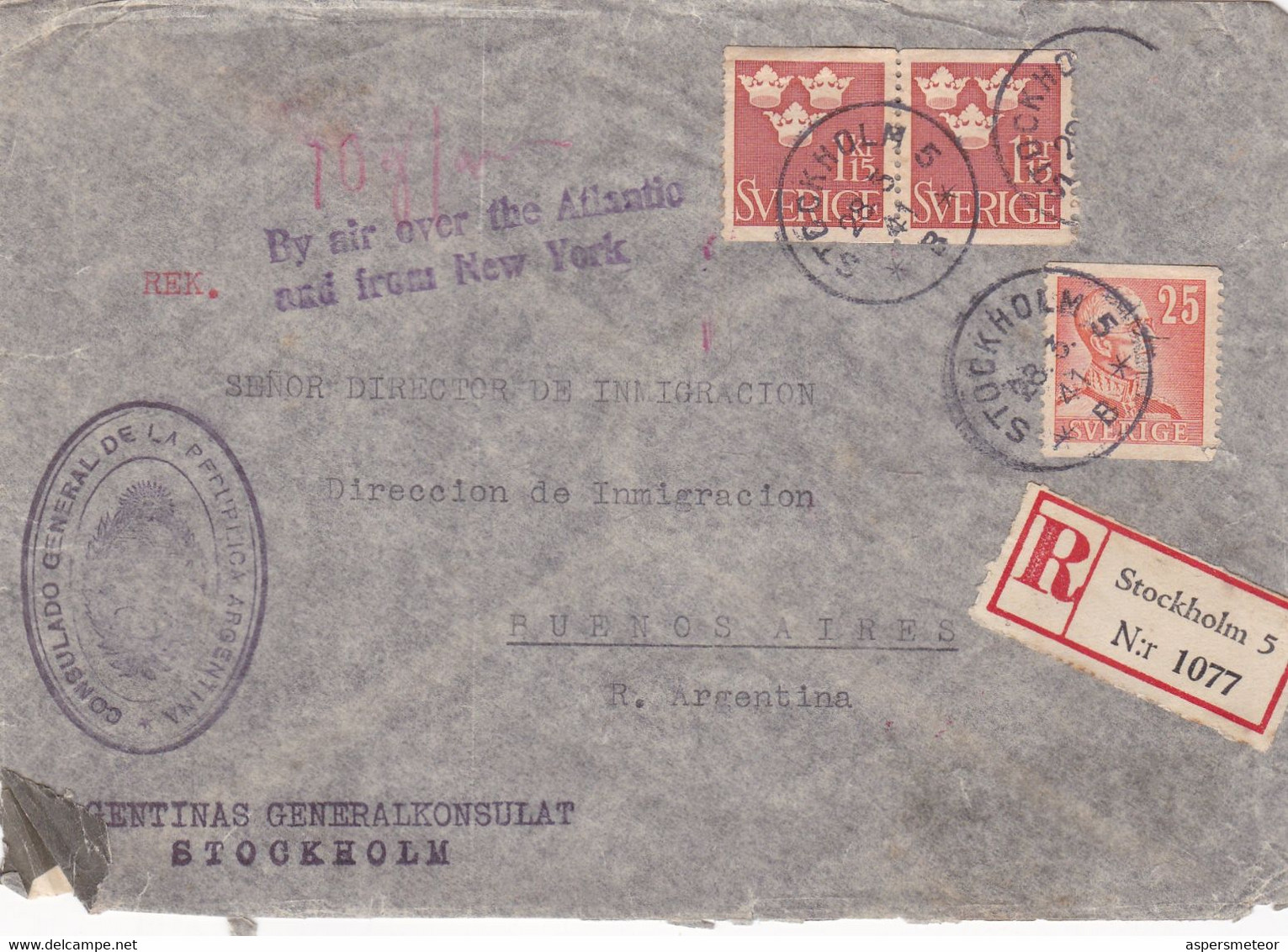 SVERIGE. ENVELOPPE. CIRCULEE STOCKHOLM A BUENOS AIRES, ARGENTINE. ANNEE 1941. RECOMMANDE, PAR AVION.- LILHU - Briefe U. Dokumente