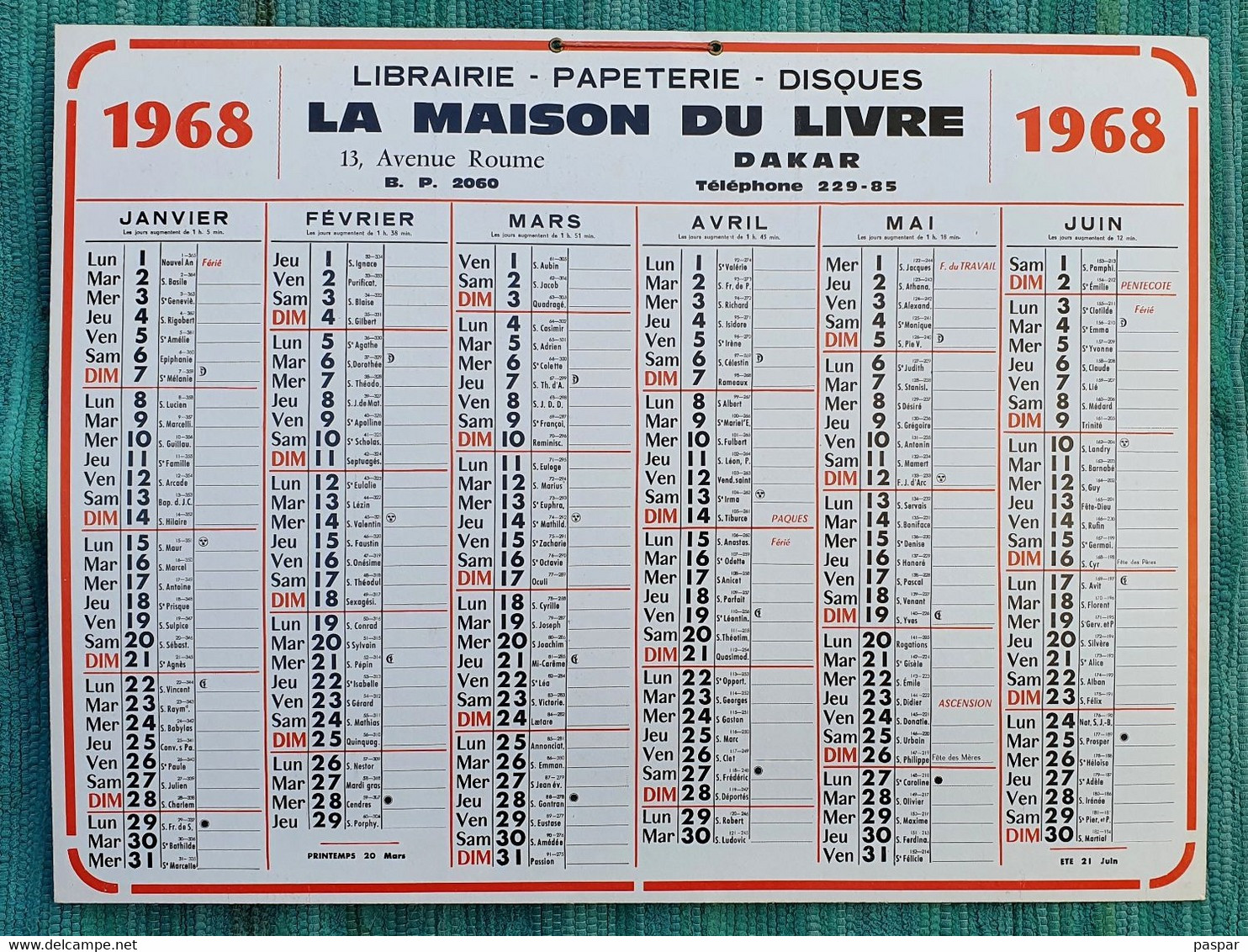 Grand Calendrier De Bureau 1968 La Maison Du Livre Dakar Avenue Roume Sénégal - Grand Format : 1961-70