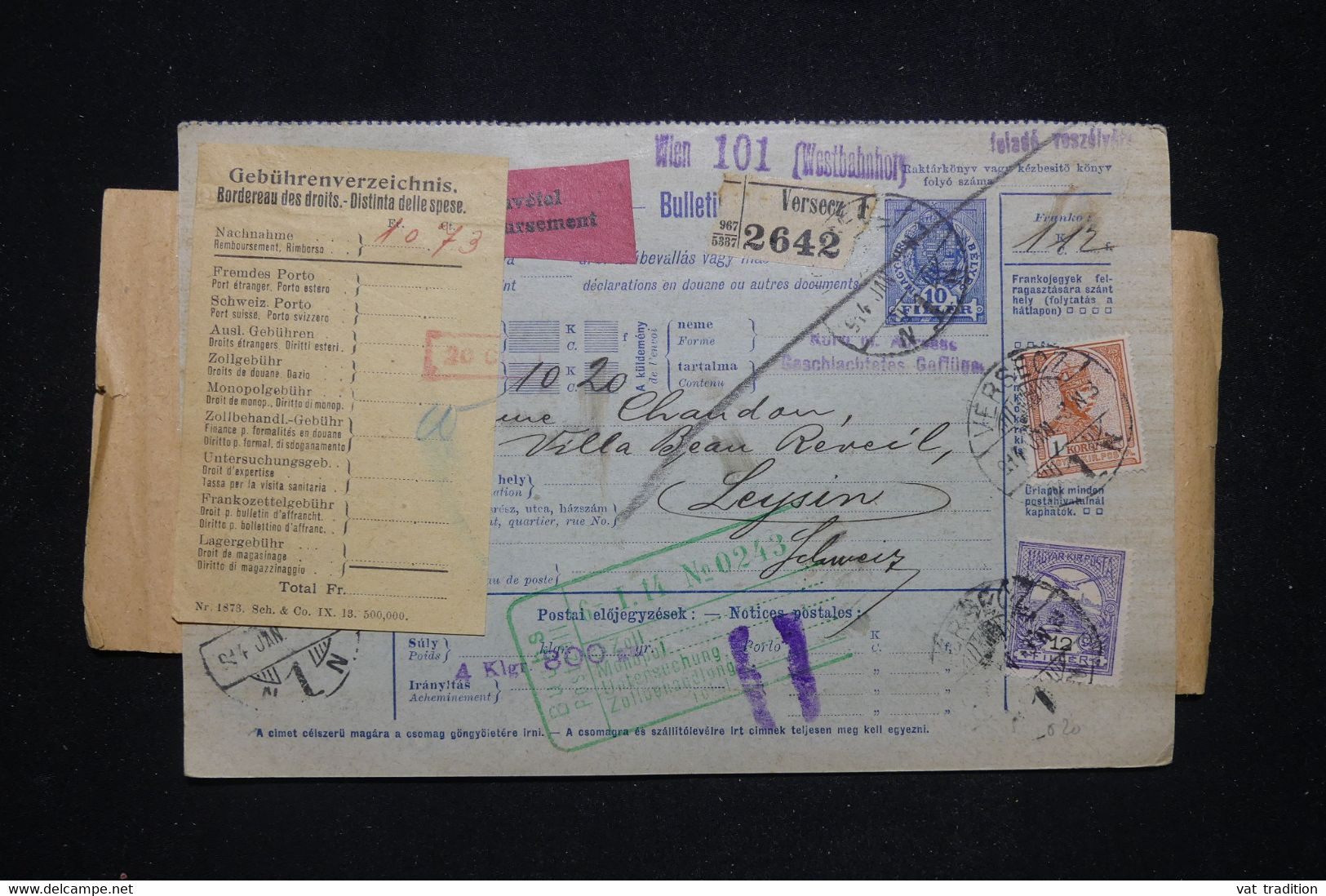 HONGRIE - Bulletin De Colis Postal De Versecz Pour La Suisse En 1914 - L 96970 - Pacchi Postali