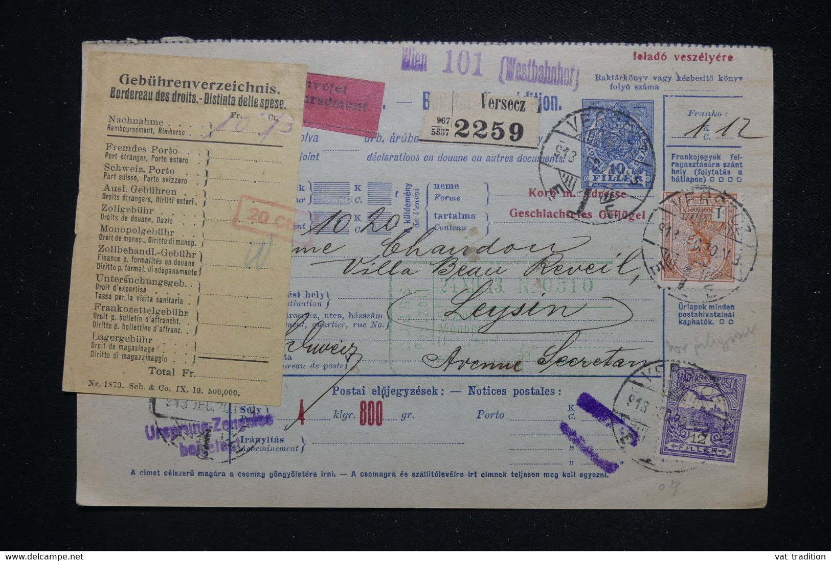 HONGRIE - Bulletin De Colis Postal De Versecz Pour La Suisse En 1913 - L 96972 - Parcel Post
