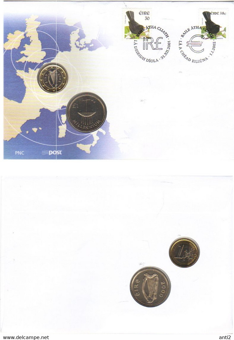 Ireland 2002 Coin Letter, With Millenium £1 Coin And 1 Euro, Cancelled 31.12.2001 On 30p And 1.1.2002 On 38c Blackbird - Storia Postale