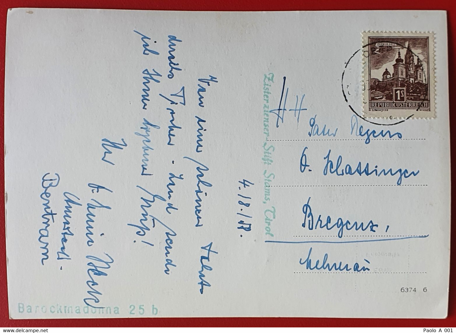 AUSTRIA ÖSTERREICH 1958 ZISTERZIENSER STIFT STAMS BAROCKMADONNA  NACH BREGENZ - Stams