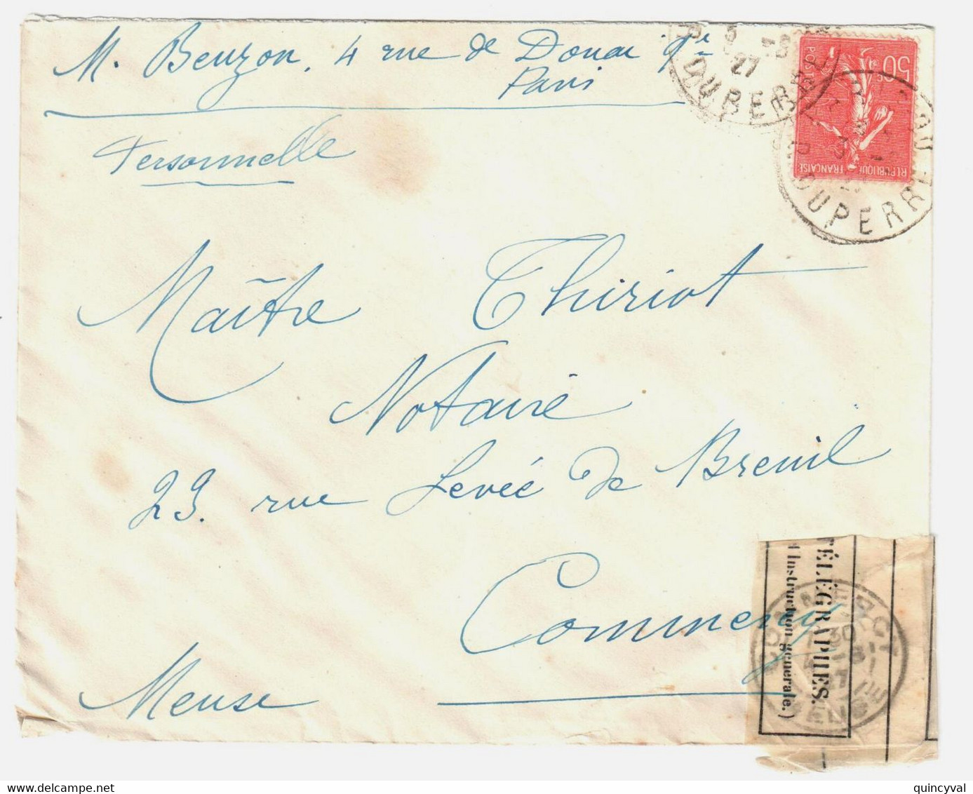 PARIS R Duperet Lettre 50c Semeuse Lignée Yv 199 Ob 3 9 1927 Dest Commercy Meuse DECHIRURE Réparé Etiquette Postes - Briefe U. Dokumente