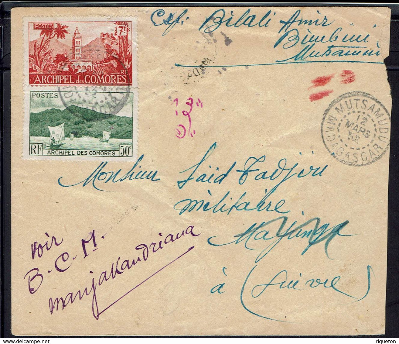 Comores - 1952 - Affr. 7,50 F Sur Enveloppe De Mutsamudu (Madagascar)  Pour Majunga Puis Redirigée Vers Manjakandriana. - Lettres & Documents