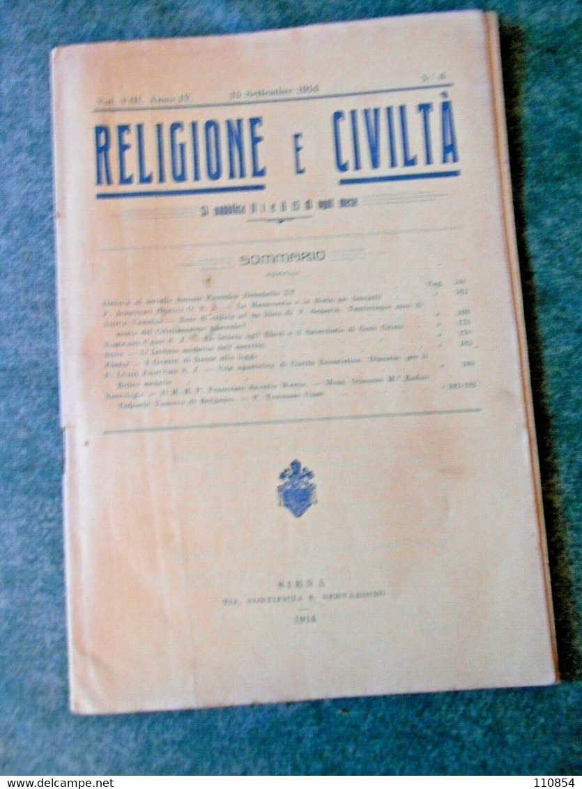 Massoneria -Rivista Religione E Civiltà - Siena Tip. Pontificia  S. Bernardino 1914 - Religion