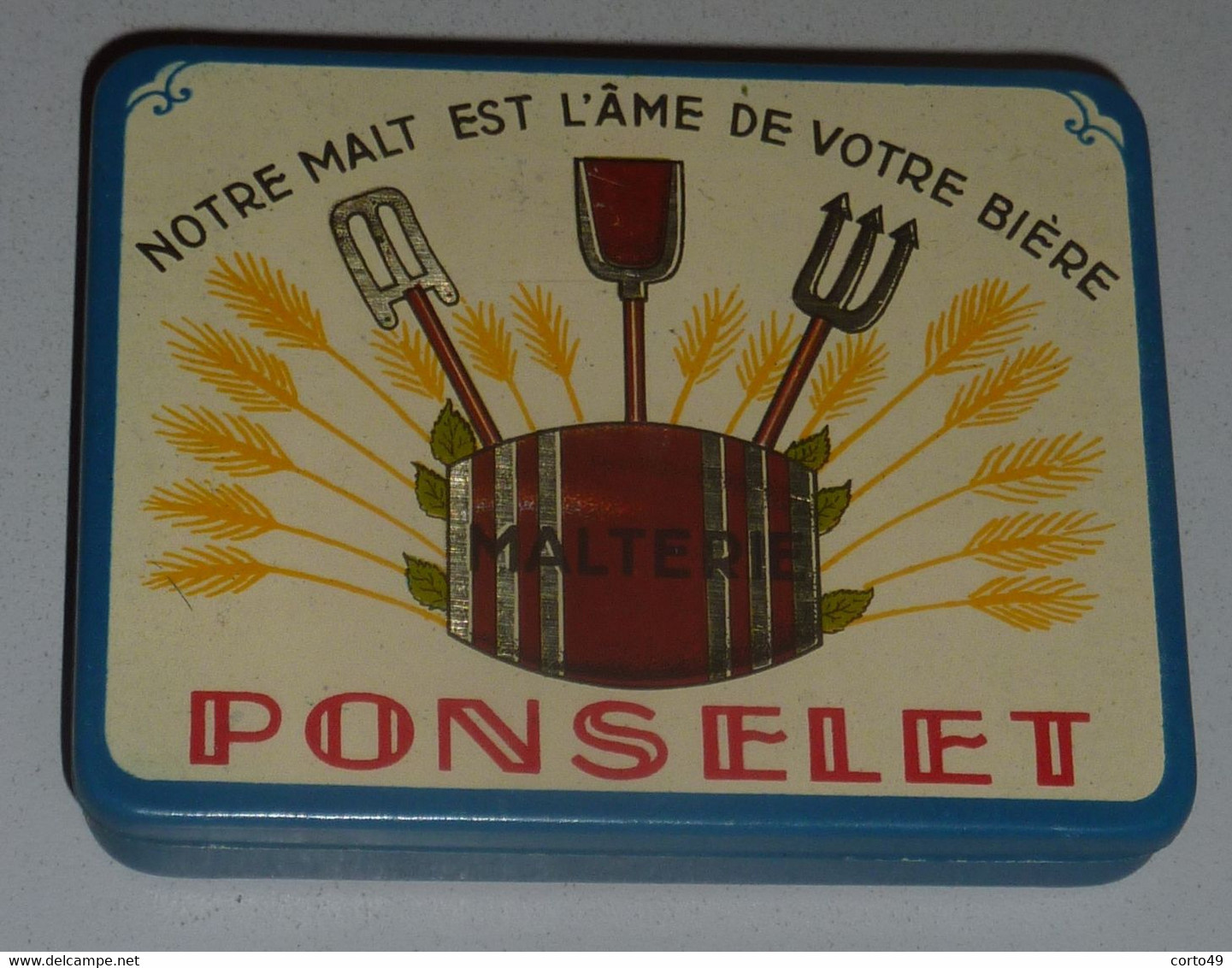 ANCIENNE BOITE METALLIQUE pour ECHANTILLON de MALT  + 1 ETIQUETTE de LA BRASSERIE  MALTERIE A. PONSELET à ANDERLUES