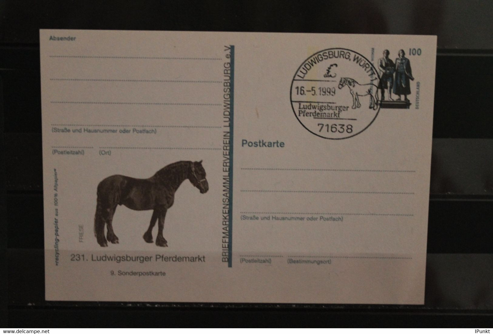 Deutschland 1999, Ganzsache:  231. Ludwigsburger Pferdemarkt; Wertstempel 100 Pf. Sehenswürdigkeiten - Cartes Postales Privées - Oblitérées