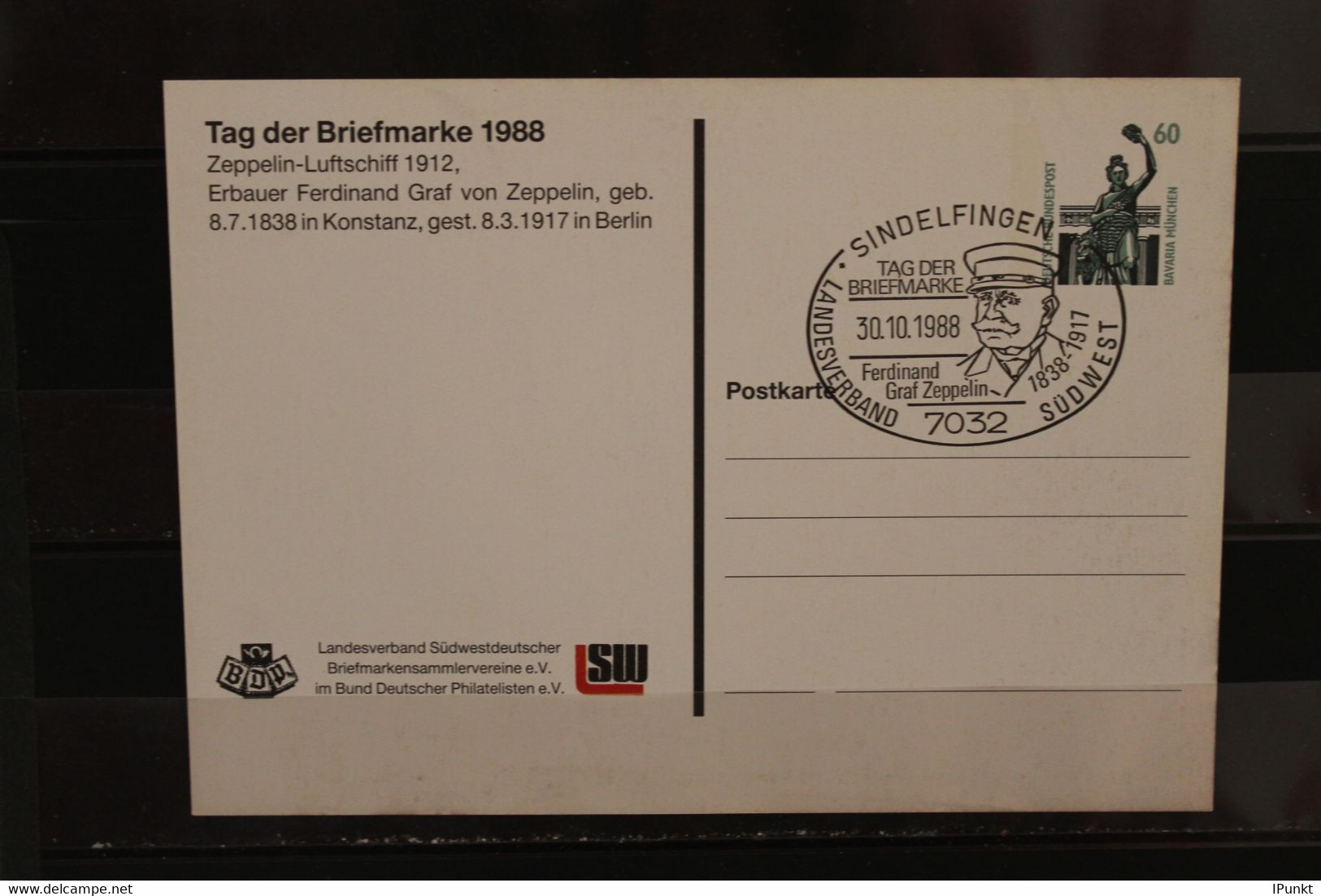 Deutschland 1988, Ganzsache: Tag Der Briefmarke 1988; Wertstempel 60 Pf. Sehenswürdigkeiten, SST Zeppelin - Cartes Postales Privées - Oblitérées