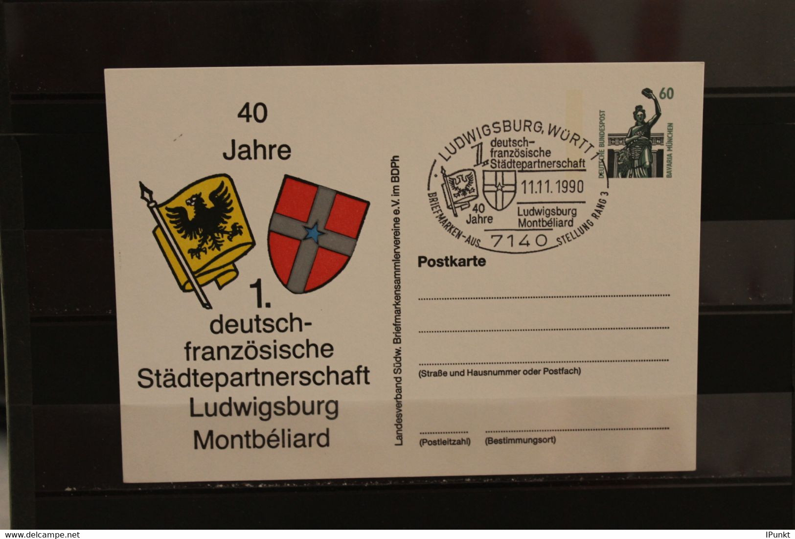 Deutschland 1990, Ganzsache: Städtepartnerschaft Ludwigsburg - Montbeliard, Wertstempel 60 Pf., Sehenswürdigkeiten - Cartes Postales Privées - Oblitérées