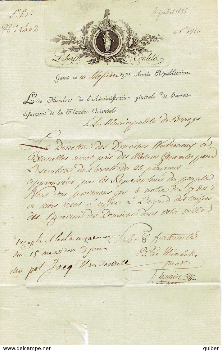 LAC De Gand 14 Messidor An 3 (2/7/1795) Magnifique Vignette Emblematique Vers Bruges Adm. D'arrondissement A Gand - Historical Documents