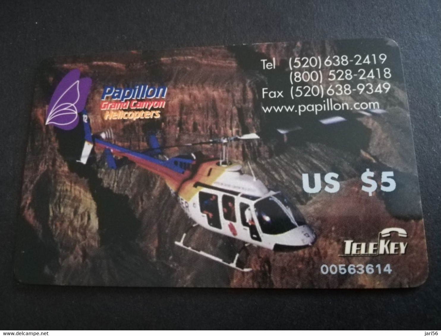 UNITED STATES AMERICA   $ 5,- TELEKEY PAPILLON GRAND CANYON HELICOPTERS     PREPAID Used Card     ** 5439** - Amerivox