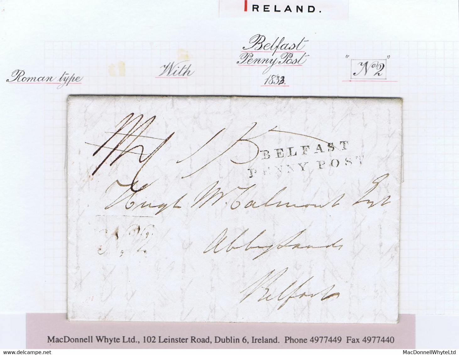 Ireland Belfast 1833 Letter Unframed BELFAST/PENNY POST With Fancy Framed "No2" Receiver Of Abbeylands - Préphilatélie