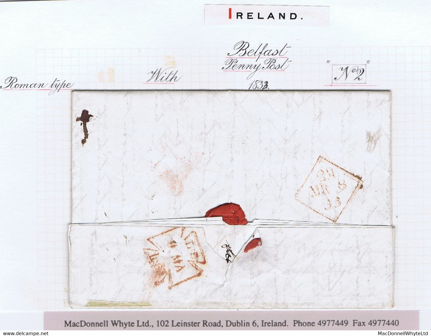 Ireland Belfast 1833 Letter Unframed BELFAST/PENNY POST With Fancy Framed "No2" Receiver Of Abbeylands - Prephilately