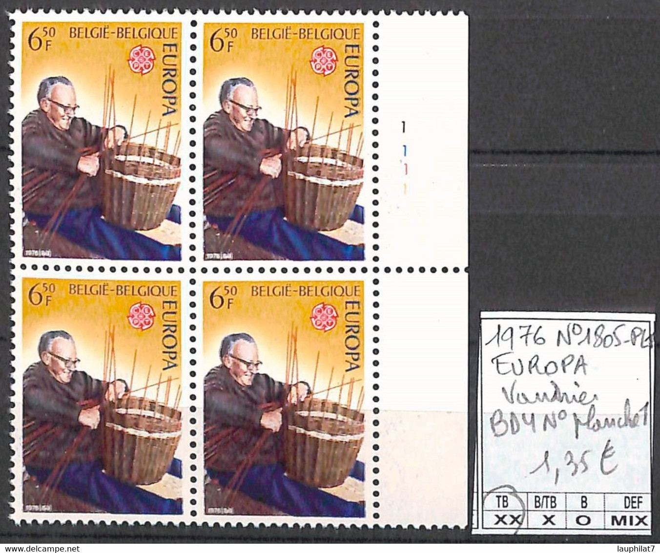 [857930]TB//**/Mnh-Belgique 1976 - N° 1805-PL1, Bd4, N° Planche 1, Vannier, Artisanat, Europa-Cept - 1971