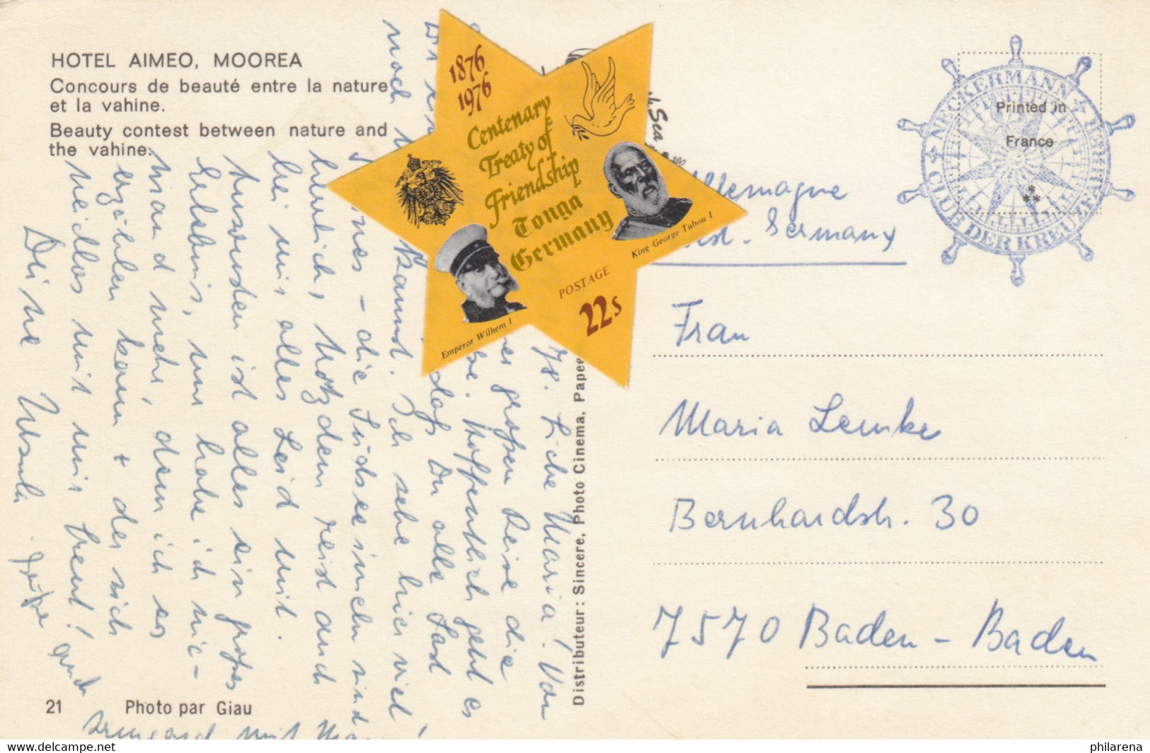 Moorea, Hotel Aimeo, Post Card To Germany-Baden-Baden, 1976 Tonga - Other & Unclassified