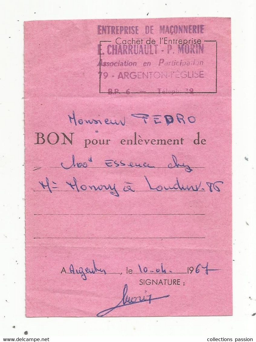 Bon D'enlévement , Entreprise De Maçonnerie CHARRUAULT-MORIN ,79 , ARGENTON L'EGLISE - 1950 - ...