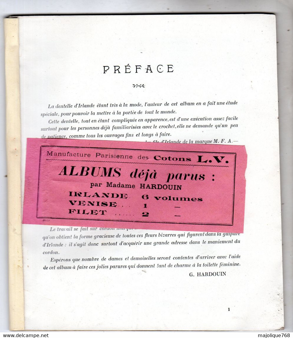 Premier Volume - Album De Guipure D'Irlande Par Madame Hardouin - Manufacture Parisienne Des Cotons L.V & M.F.A - Cross Stitch
