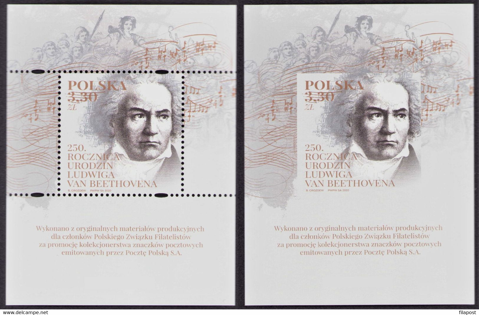 POLAND 2020 250th Anniversary Of Birth Of Ludwig Van Beethoven Pianist, Composer, 2 Souvenir Blocks MNH ** - Nuevos