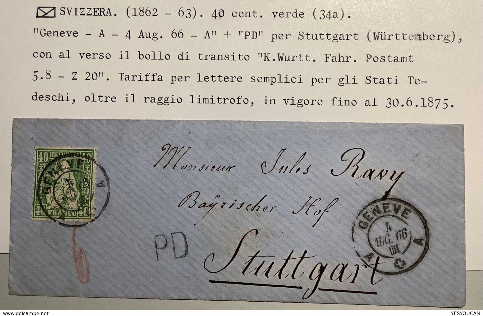 GENEVE 1866 Brief>STUTTGART WÜRTTEMBERG ZNr 34 1862 Sitzende Helvetia 40 Rp. Ex Provera (Schweiz Lettre Suisse Cover - Storia Postale