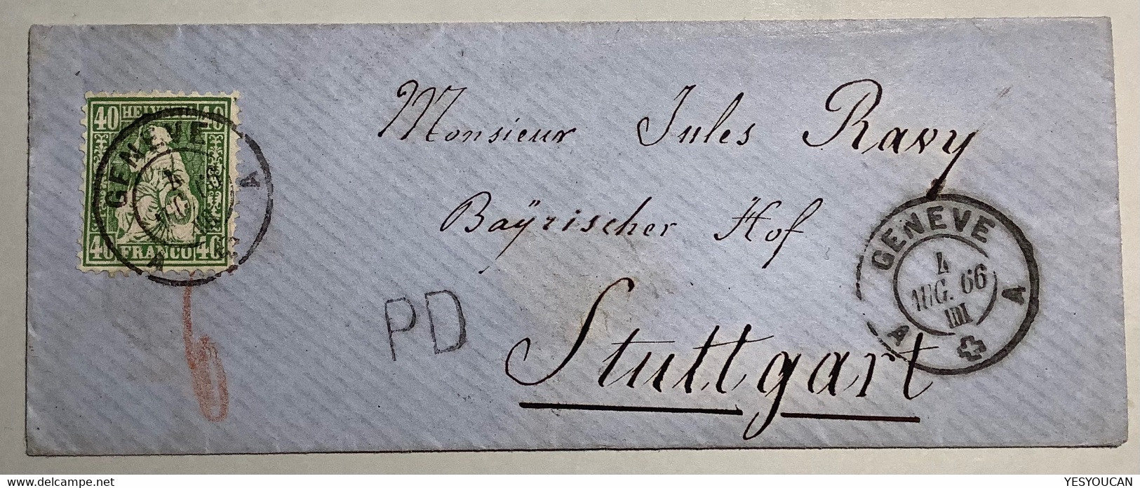 GENEVE 1866 Brief>STUTTGART WÜRTTEMBERG ZNr 34 1862 Sitzende Helvetia 40 Rp. Ex Provera (Schweiz Lettre Suisse Cover - Brieven En Documenten