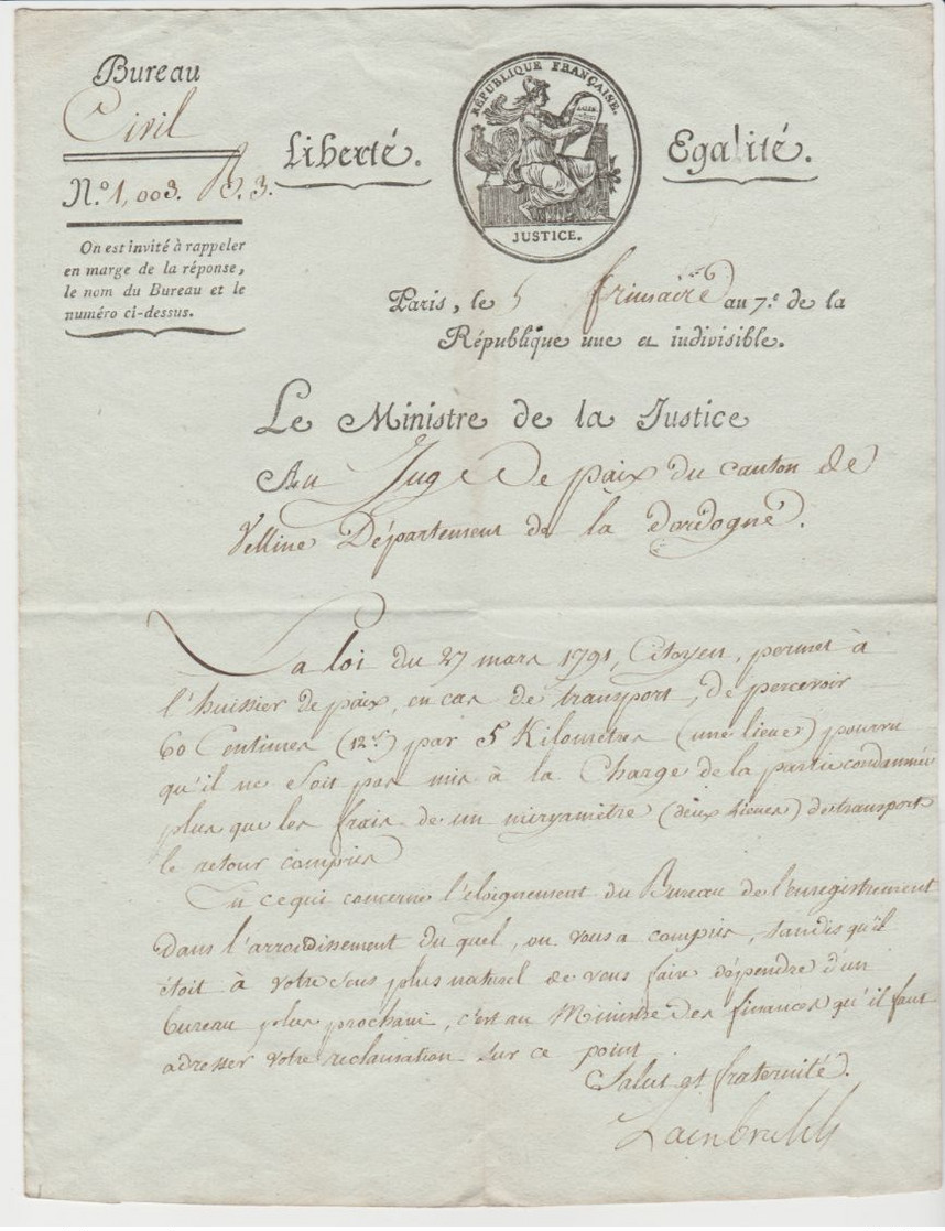 REVOLUTION: Lettre De LAMBRECHT Avec Signature Manuscrite, Ministre De La Justice, Du 5 Frimaire An 7. - Historical Documents