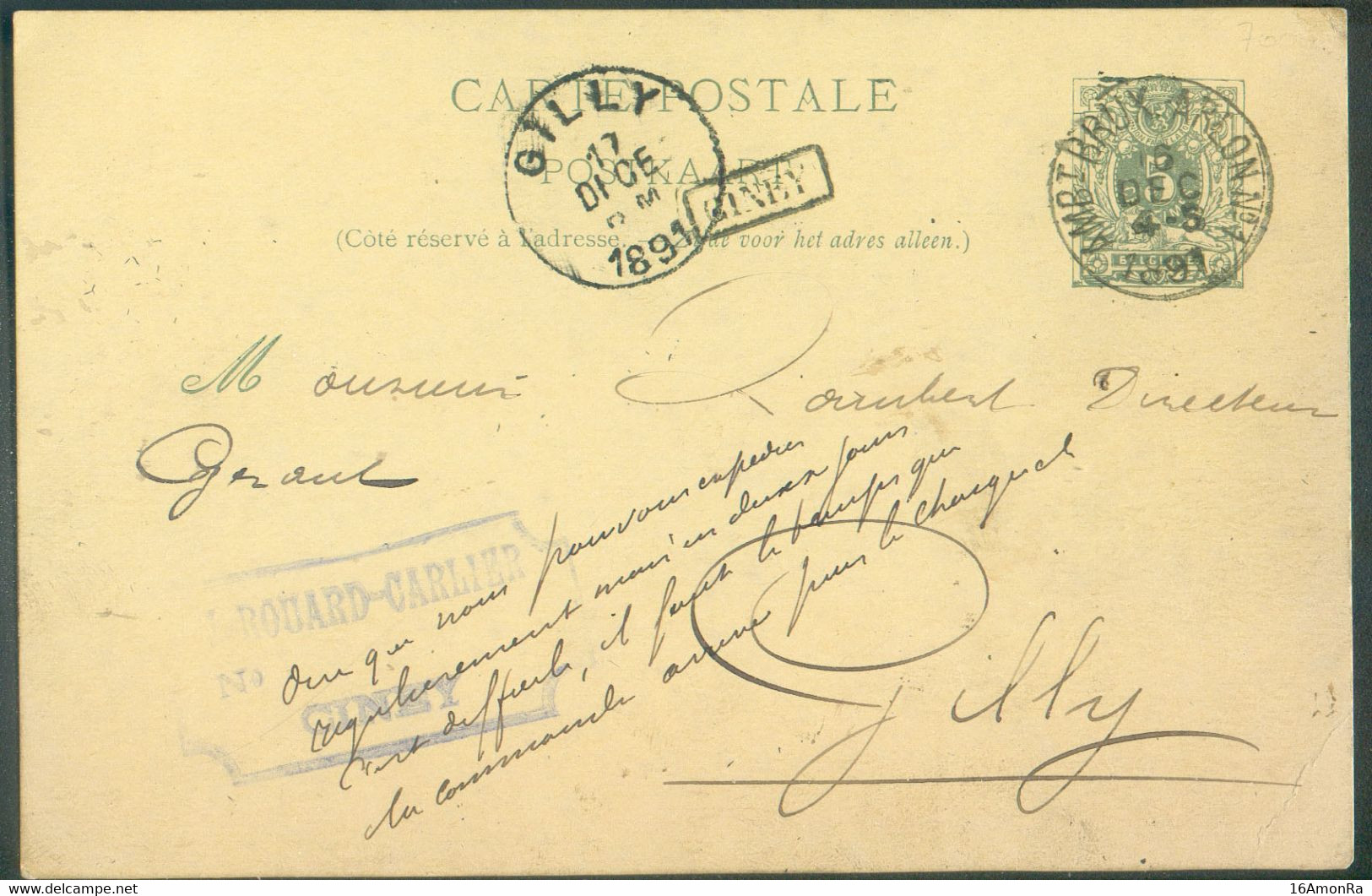 E.P. Carte 5 Centimes Vert Obl. Sc Ambulant AMBT BRUX.-ARLON N°1 Du 15 Déc. 1891 + Griffe CINEY Vers Gilly.  Superbe  - - Briefkaarten 1871-1909