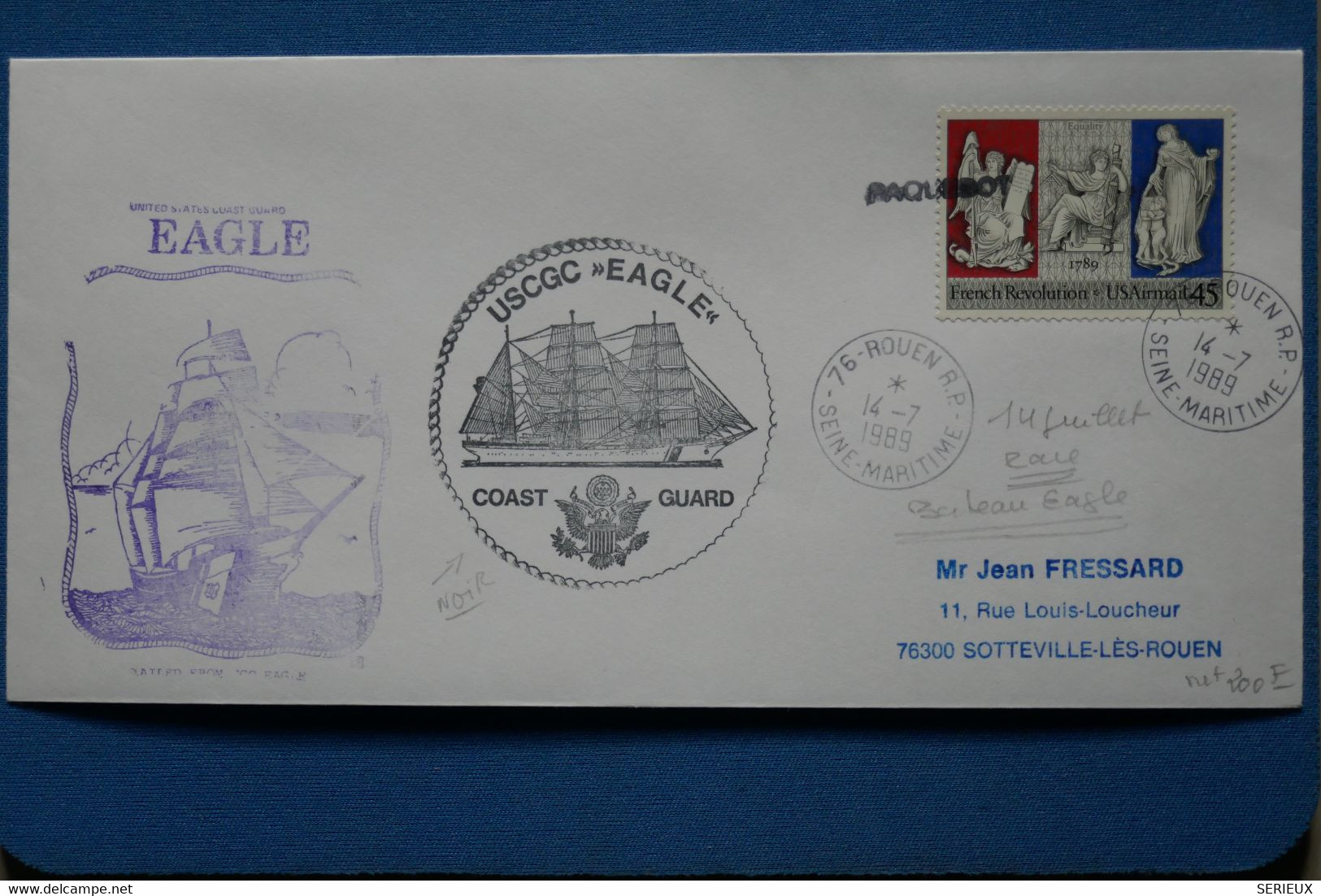 R25   FRANCE USA  BELLE LETTRE 1989 PAQUEBOT ROUEN +USCGC EAGLE + AFFRANCHISSEMENT PLAISANT - Covers & Documents