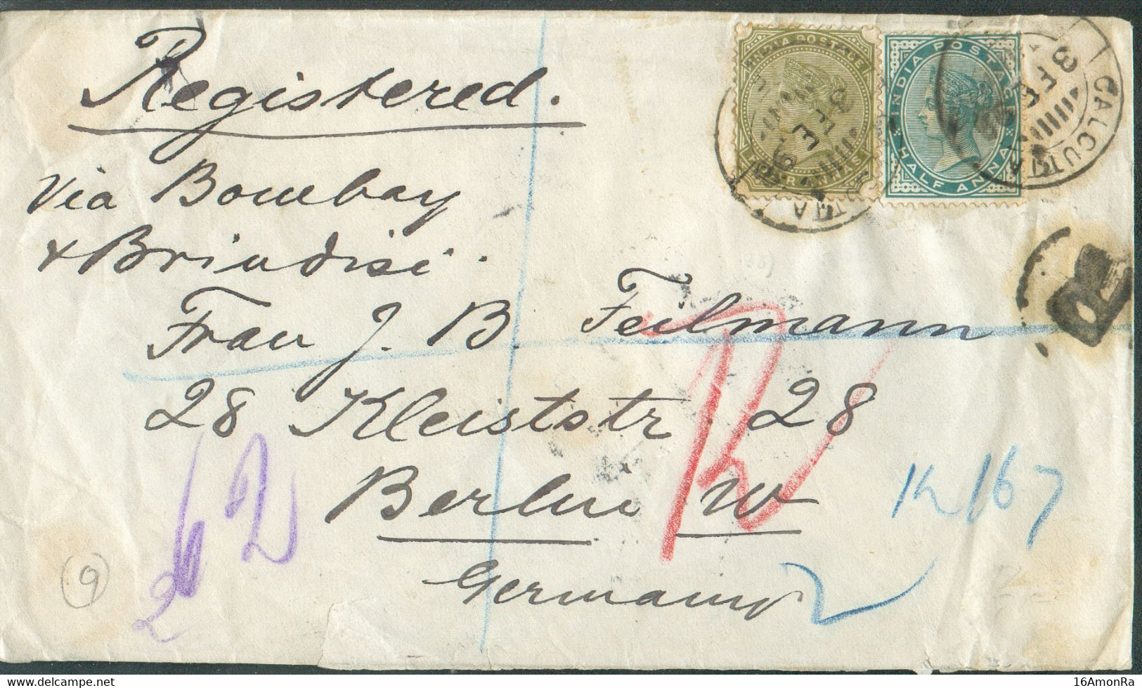 ½a. + 4a. Obl. Dc CALCUTTA Sur Lettre Recommandée (Registered) Du 3 Février 1898 Vers Berlin, Via Bombay Et Brindisi - S - 1882-1901 Empire