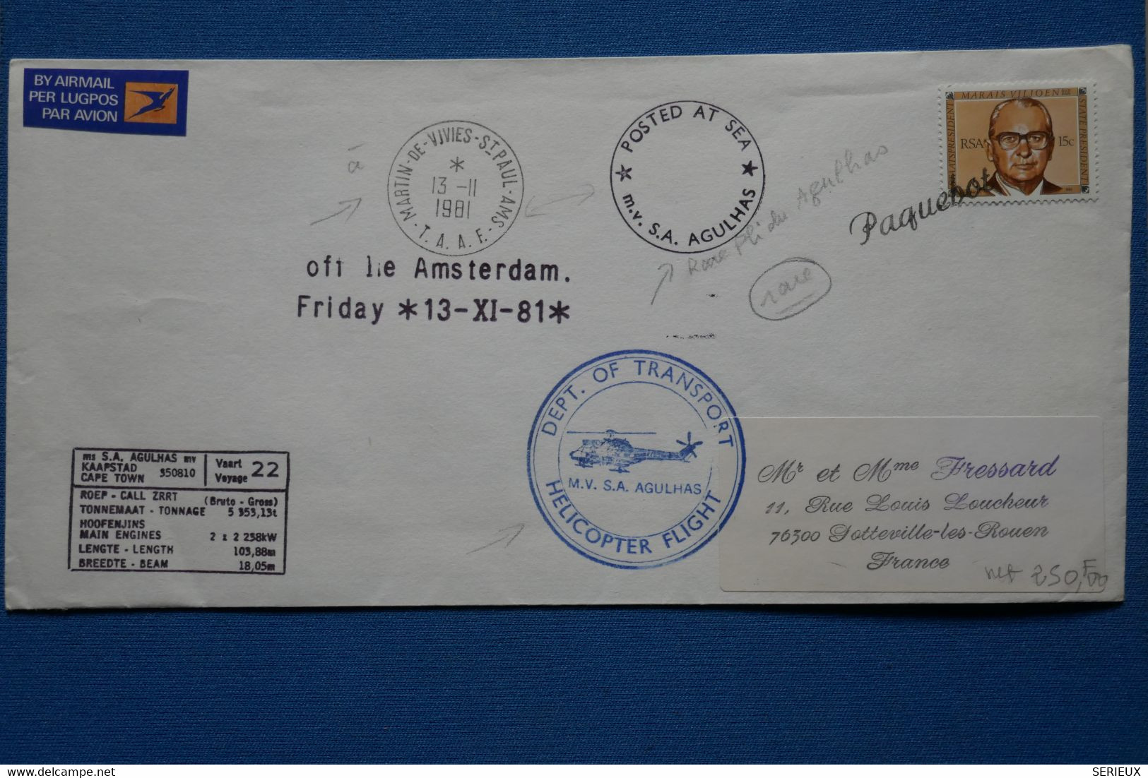 R25 TAA AUSTRALIE  BELLE LETTRE RARE 1981 AGULHAS POUR SOTTEVILLE FRANCE + LE MARION DUFRENE + AFFRANCHISSEMENT PLAISANT - Briefe U. Dokumente