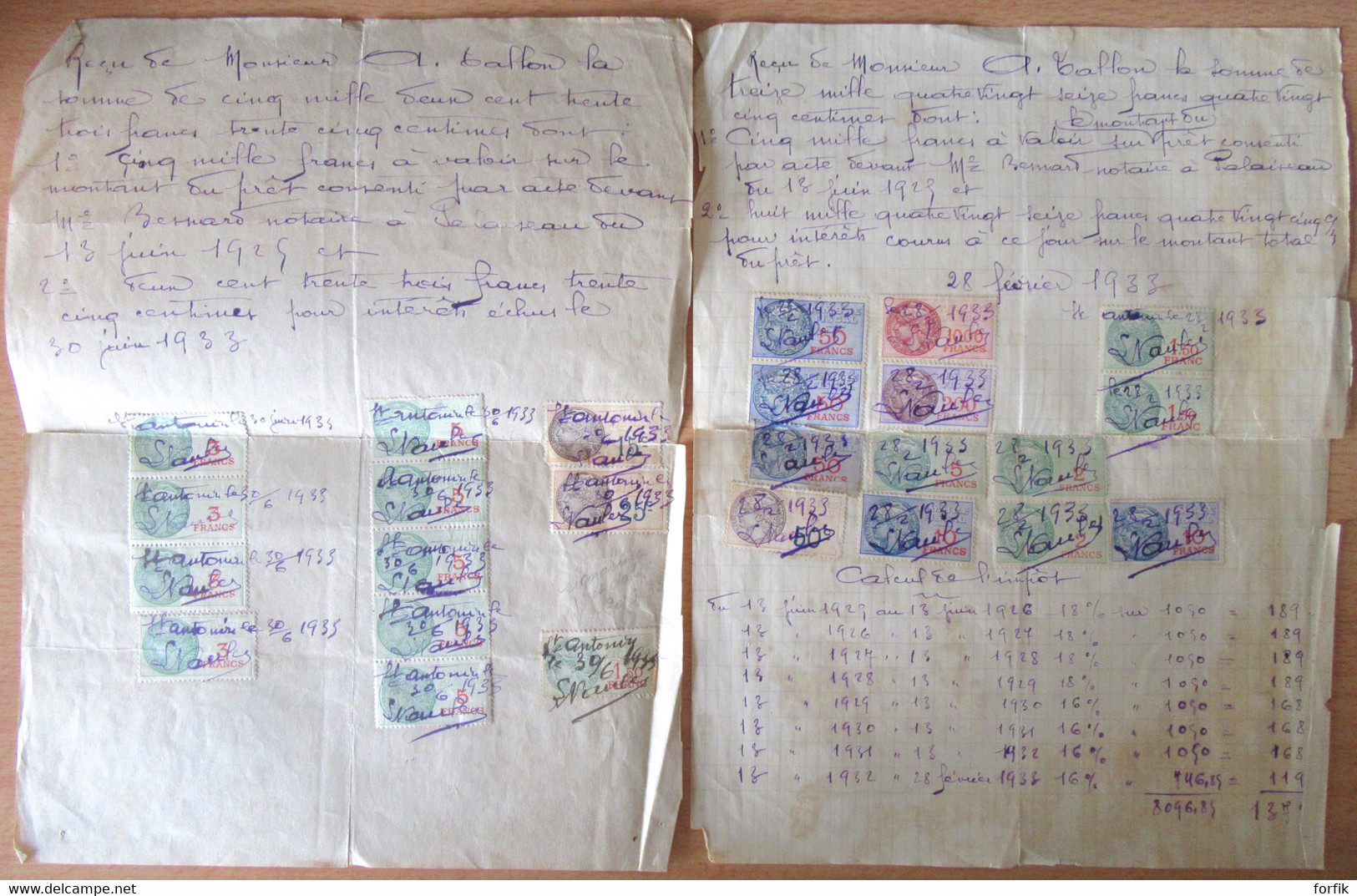 France - 2 Reçus Datés 1933 Contenant De Nombreux Timbres Fiscaux Entre 25 Cts Et 1000 Francs - Sonstige & Ohne Zuordnung