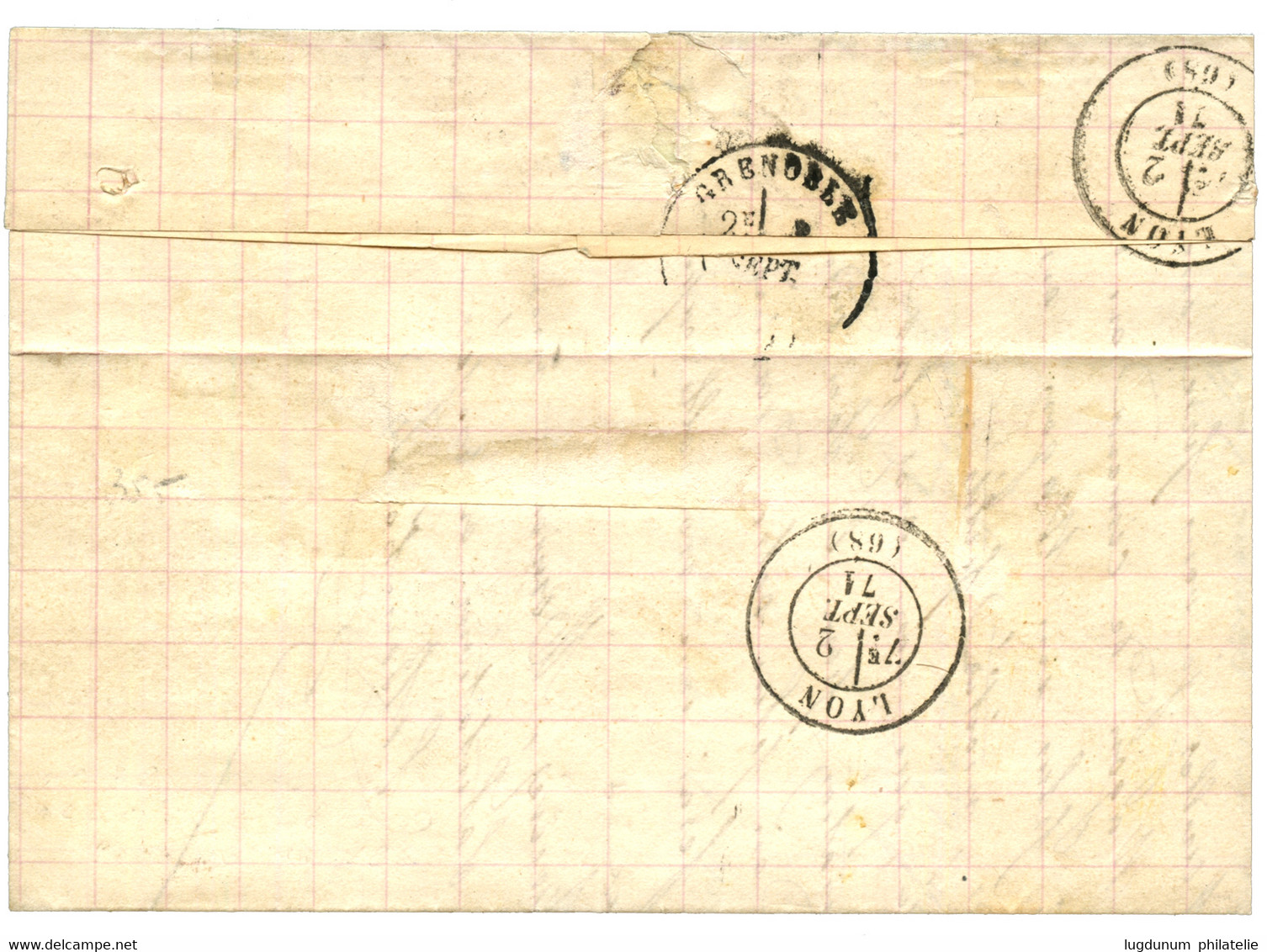 1871 Superbe Bande De 5 Du 1c BORDEAUX (n°39) TTB Margée + 20c Siège (n°37) Obl. GC 4245 + VILLEFRANCHE SUR SAONE Sur Le - 1870 Emisión De Bordeaux