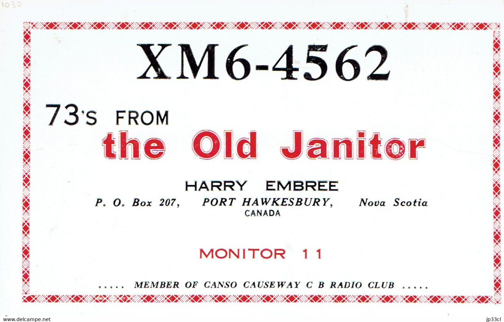 Old QSL Card From Harry Embree (The Old Janitor), Port Hawkesbury, Nova Scotia, Canada (Yeras 1960) - CB-Funk