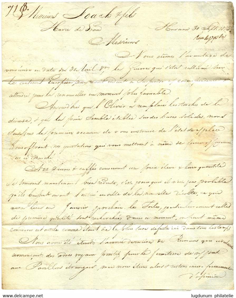 1815 COL. PAR CHERBOURG Encadré Sur Lettre Avec Texte De LA HAVANNE (CUBA) Pour LE HAVRE. RARE. TTB. - Poste Maritime
